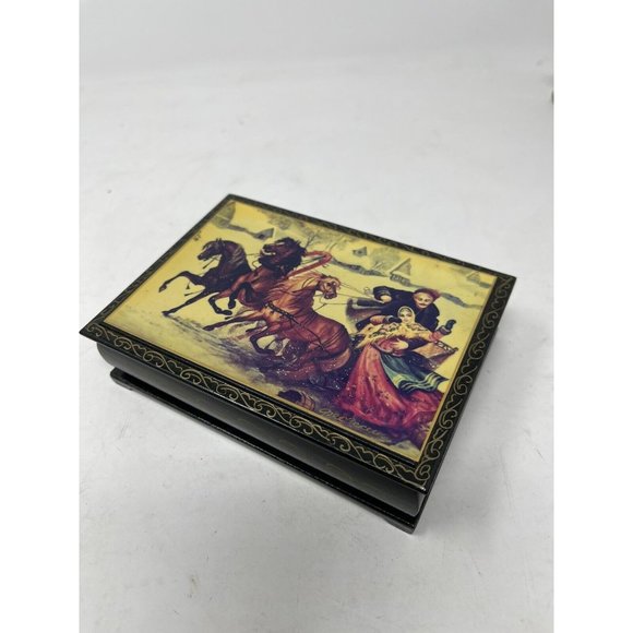 Vintage Russian Lacquer Trinket Box Hand Painted Folklore Fairytale Horse Signed